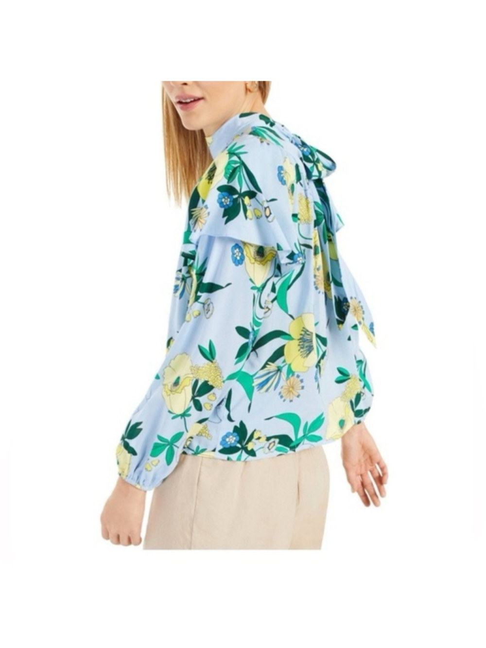 INC Light Blue Floral Long Sleeve Tie Neck Wear To Work Women Blouse Size XL - Picture 3 of 11